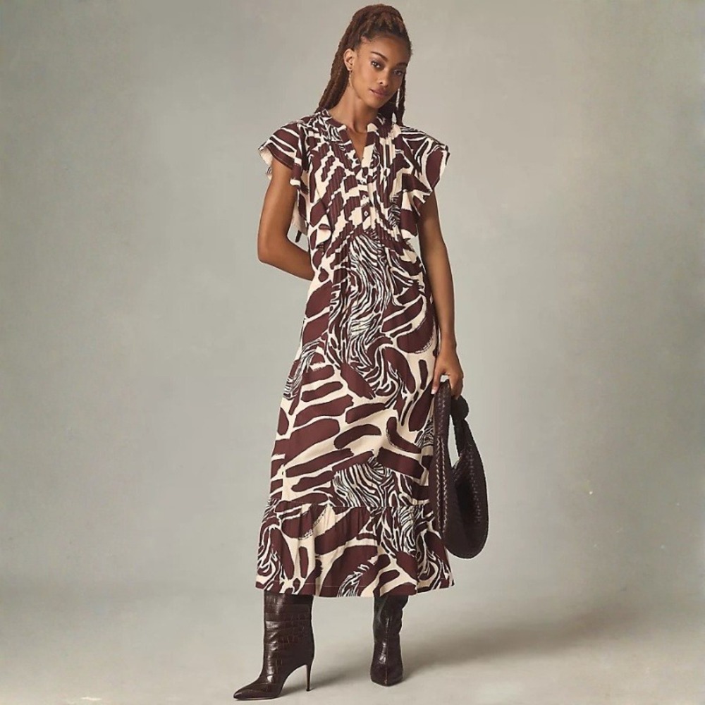 Anthropologie‎ Maeve Cassandra Maxi Dress Brown Zebra Flutter Sleeve Size XS